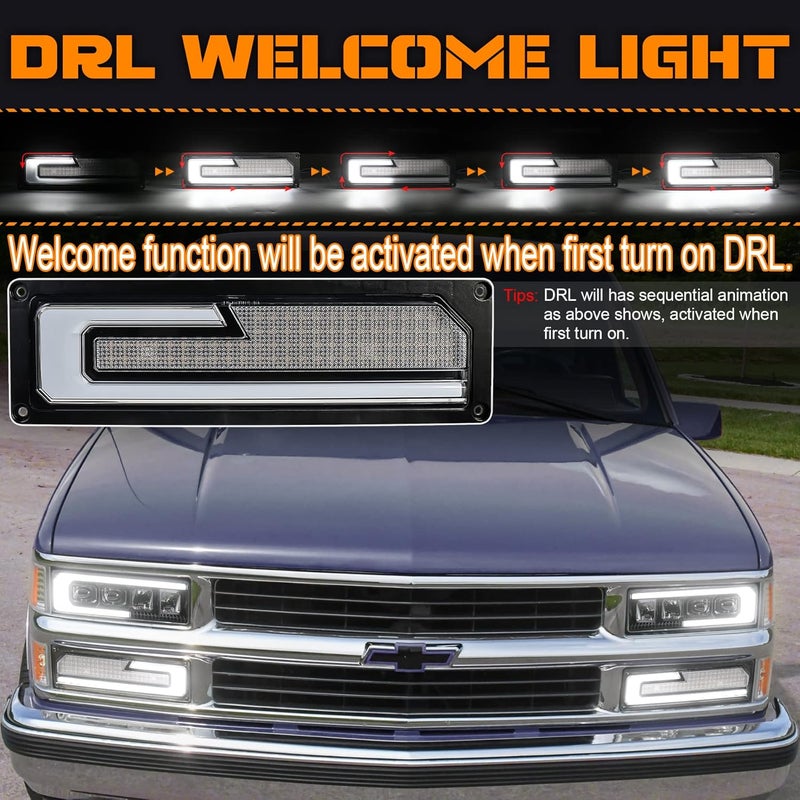 POVTOR مصابيح إشارة الانعطاف LED بديلة مع ضوء DRL الأبيض و ضوء الترحيب متوافقة مع 1988-1998 شيفروليه GMC C/K 1500 2500 3500 سيلفرادو تاهو سوبربان يوكون C10 - Image 3